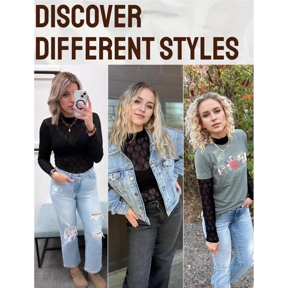 🆕 Women Black Long Sleeve Mesh Top Lace Mock Neck See Through Fitted Sexy Out - Picture 5 of 7